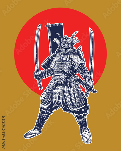 Japanese samurai fighting with sword and helmet, ink painting, warrior mascot