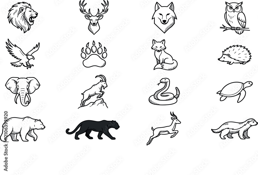 Obraz premium Wild Animals and Forest Wildlife Vector Line Art Icon Set Featuring Lion Deer Wolf Eagle Sea Turtle and Panther Emblems for Corporate Branding