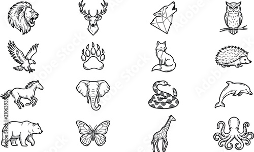 Photography Wild Animals and Marine Life Line Art Icon Set Featuring Geometric Wolf Lion Eag