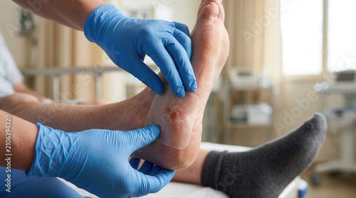 Healthcare expert providing treatment for diabetic foot ulcer in a clinical setting focused on patient care and recovery