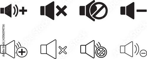 Sound icons set with volume up, down and mute controls. Editable vector isolated for modern interface.