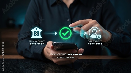 Secure mobile banking payment transaction concept with verified status showing money transfer from account to recipient on smartphone screen interface.