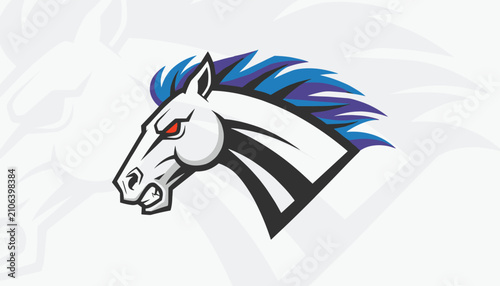 Angry stallion head mascot logo with a blue and purple mane for sports team branding