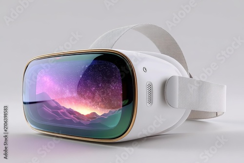 futuristic goggles display a vibrant cosmic nebula and mountain landscape, showcasing advanced virtual reality technology.