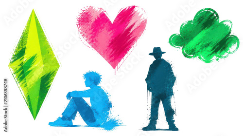 Colorful painted shapes and silhouettes on Transparent Background