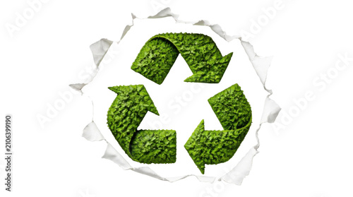 Green recycling symbol through torn paper on Transparent Background
