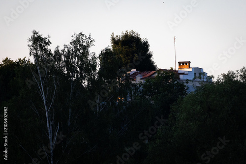 Cuadro en lienzo A bright rooftop peeks above surrounding trees at dusk the last sunlight catchin
