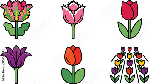 Obraz na płótnie Tulip Flower Variety and Landscape Icon Set Featuring Parrot Tulip, Fringed Buds
