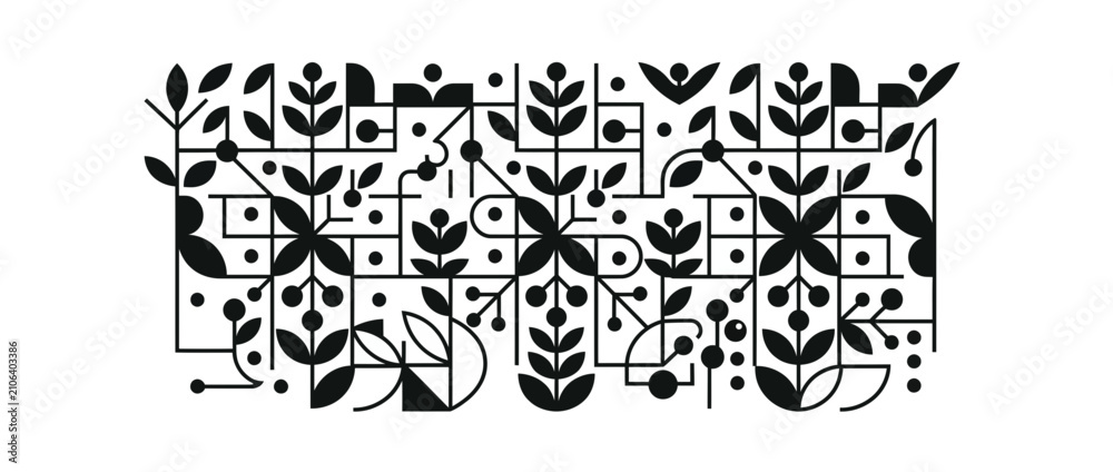 Obraz premium Abstract Geometric Floral Pattern with Black and White Motifs