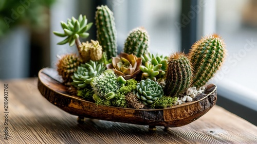 Diverse collection of desert plants arranged in a rustic wooden bowl.