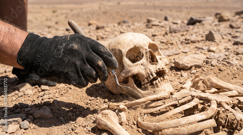 Archaeologist uncovering ancient human skeleton in desert excavation. Scientist carefully brushing sand off fossilized remains at dig site.
