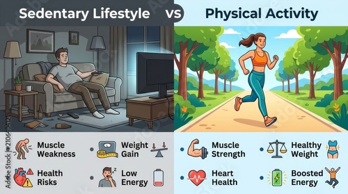 Sedentary versus active lifestyle comparison illustration.