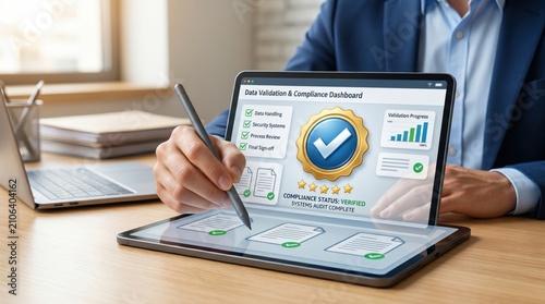 Data validation and compliance dashboard on tablet screen, business audit complete, verified status icon, digital signature process, security systems check, legal document appro...