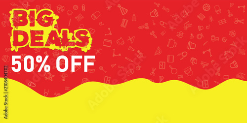 Big deals discount banner design with shopping cart icon on red background. Red and yellow shopping banner with big deals text and cart.