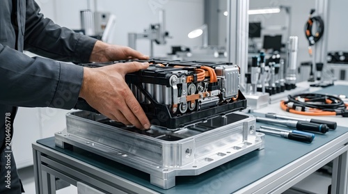 Engineer assembling an electric vehicle battery pack in a laboratory setting.