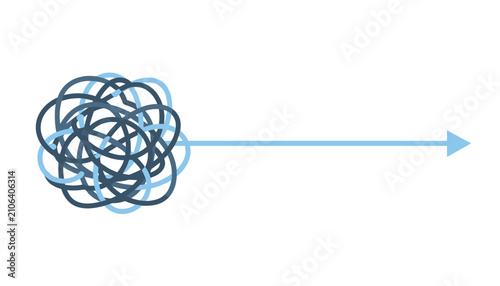 Tangled mess of blue lines untangling into a straight arrow pointing to the right