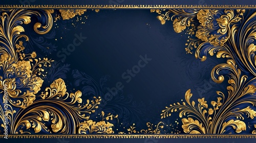 Luxurious gold and blue baroque floral frame design, ornate vintage background, elegant invitation template, decorative border