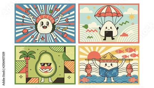 Cute retro cartoon sushi and avocado character vector stickers set