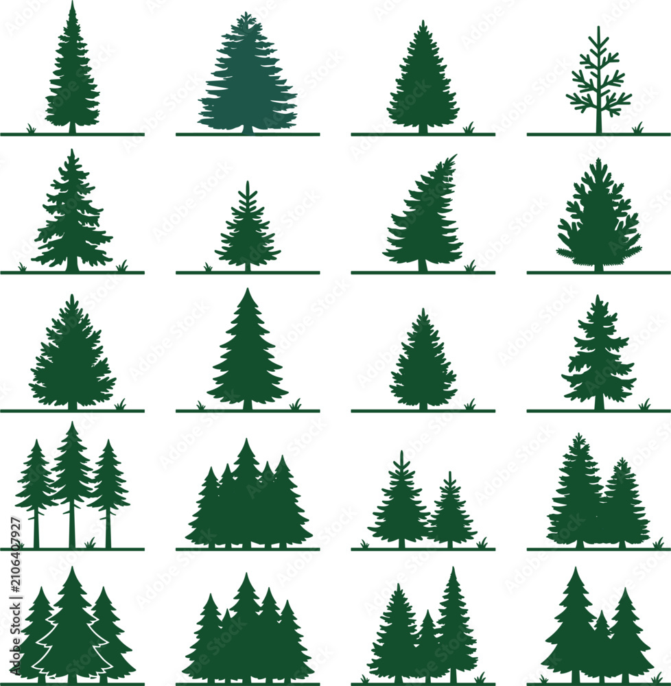 Obraz premium Green Conifer Pine Tree Silhouette Icon Set Featuring Evergreen Fir and Spruce Elements for Winter Forest Landscape and Nature Graphic Designs