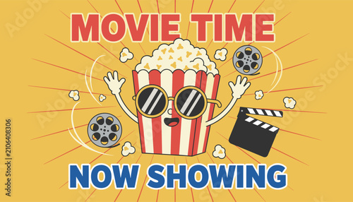 Retro cartoon popcorn character with movie time now showing text banner