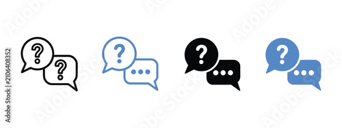 Fotografi Faq icon set, paired speech bubbles with question mark and ellipsis symbols for support, help center, messaging, inquiry, communication, and user interface design