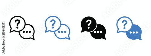 Tableau sur toile Faq icon set, paired speech bubbles with question mark and ellipsis symbols for support, help center, messaging, inquiry, communication, and user interface design