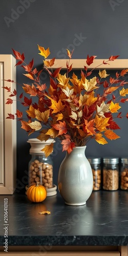 Ceramic vase filled with dried fall foliage on charcoal countertop beside cream-colored spice rack, kitchen vignette, ||charcoal counter