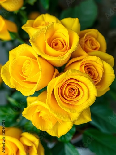 Bright yellow rose petals arranged in a bouquet, nature, vibrant