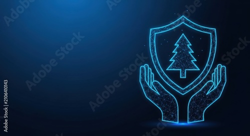 Hands Holding a Protective Shield with a Tree Icon Over Dark Blue Background