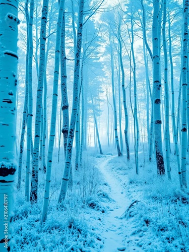 Frosty forest scene with white wood trees covered in thick frost, peaceful environment, nature scenery