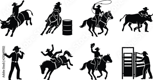 Foto Rodeo and western cowboy sport vector silhouettes bundle featuring bull riding h