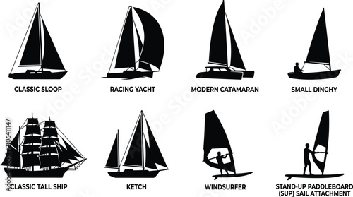 Foto Sailing boats and water sports vector silhouettes bundle featuring classic yacht