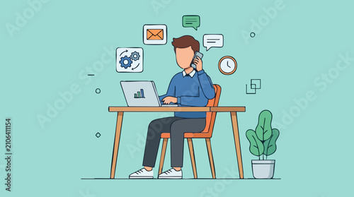 Illustration of man multitasking at desk with laptop, phone, and business icons
