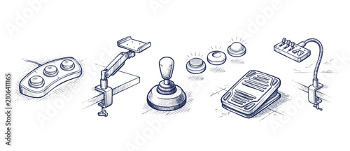 Adaptive gaming controller accessibility devices illustrated in a hand drawn retro line art style featuring joysticks buttons mounting arms and foot pedal equipment isolated on a white background.