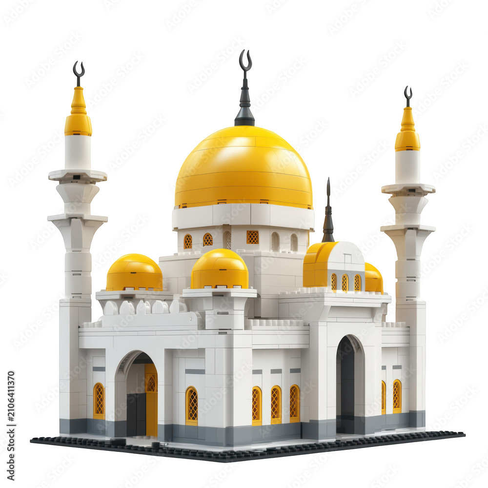 Fototapeta premium Lego Mosque Model Islamic Architecture Toy Building Blocks White Yellow Gray