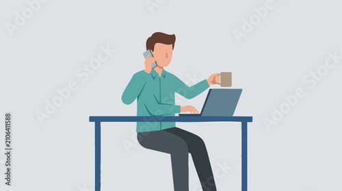 Businessman multitasking with laptop, phone, and coffee at work desk