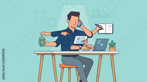 Busy Man Multitasking at Desk: Working, Calling, Planning Illustration