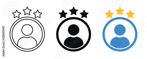 Top rated user icon set featuring person with star rating design. Available in outline, solid black, and blue yellow color styles. Perfect vector icons for reviews, reputation, and customer feedback a