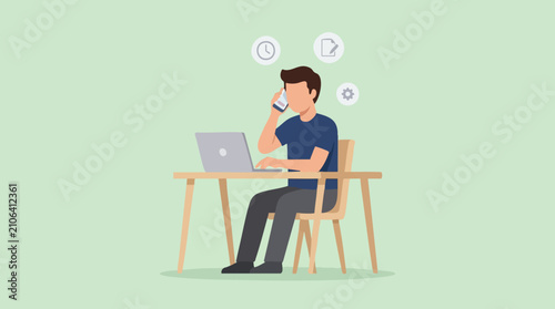 Man working remotely, multitasking with laptop and phone, time management
