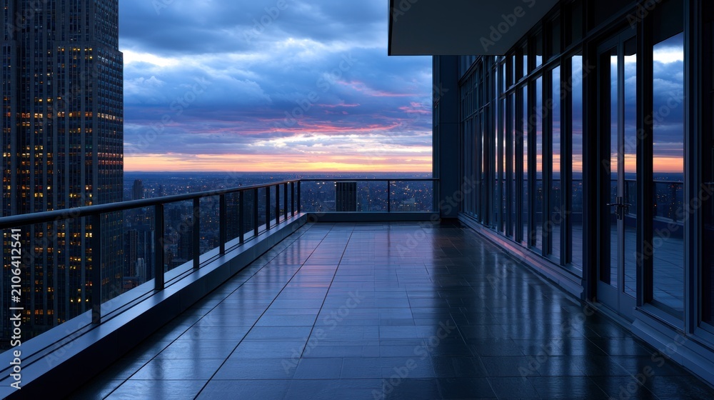 Obraz premium Rooftop terrace with glass railings overlooking city skyline at sunset, reflecting vibrant colors on tiles