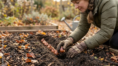 Gardener planting flower bulbs in autumn soil for winter preparation. Close-up of hands burying spring blooms in rich dark earth outdoors.