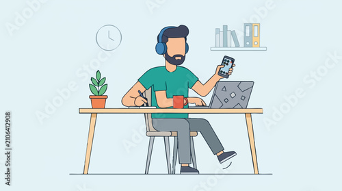 Man working remotely, multitasking with laptop, phone, and headphones