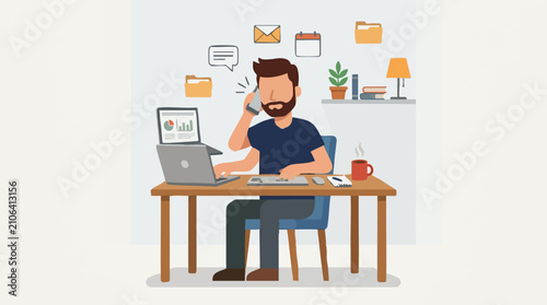Remote worker multitasking with laptop and phone, digital workflow concept