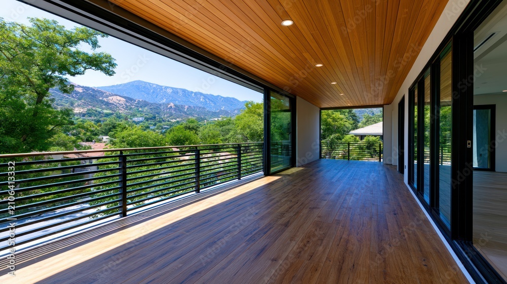 Obraz premium Spacious wooden terrace with mountain view, glass doors, and lush greenery, providing a serene atmosphere