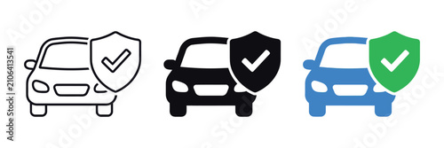 Car insurance icon set featuring vehicle with protective shield and checkmark design. Available in outline, solid black, and blue color styles. Perfect vector icons for auto insurance, warranty, and c