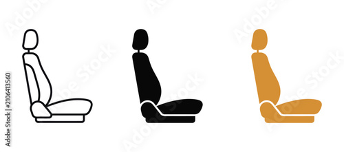 Car seat icon set featuring vehicle interior chair design. Available in outline, solid black, and orange color styles. Perfect vector icons for automotive apps, websites, and transportation presentati