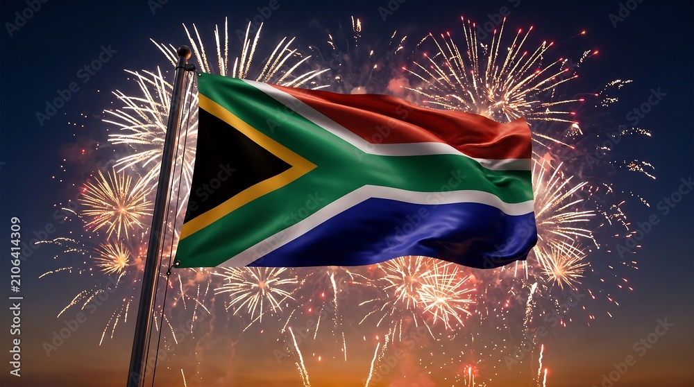 Obraz premium Waving South Africa flag on flagpole with festive golden fireworks in dark night sky background