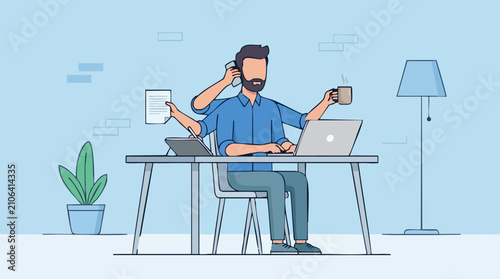 Productive Multitasking Man Working at Desk with Multiple Devices Illustration