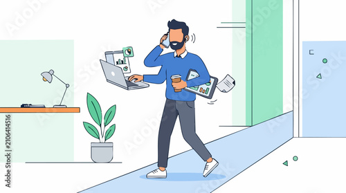 Productive businessman multitasking with laptop, phone, and tablet