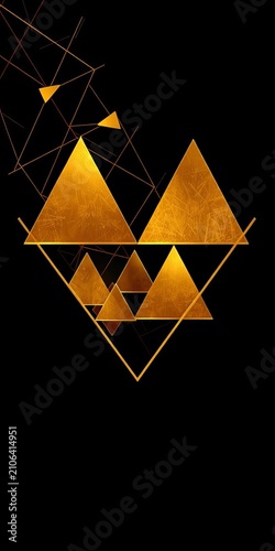 Interconnected triangles in gold on black background, pattern, ||abstract